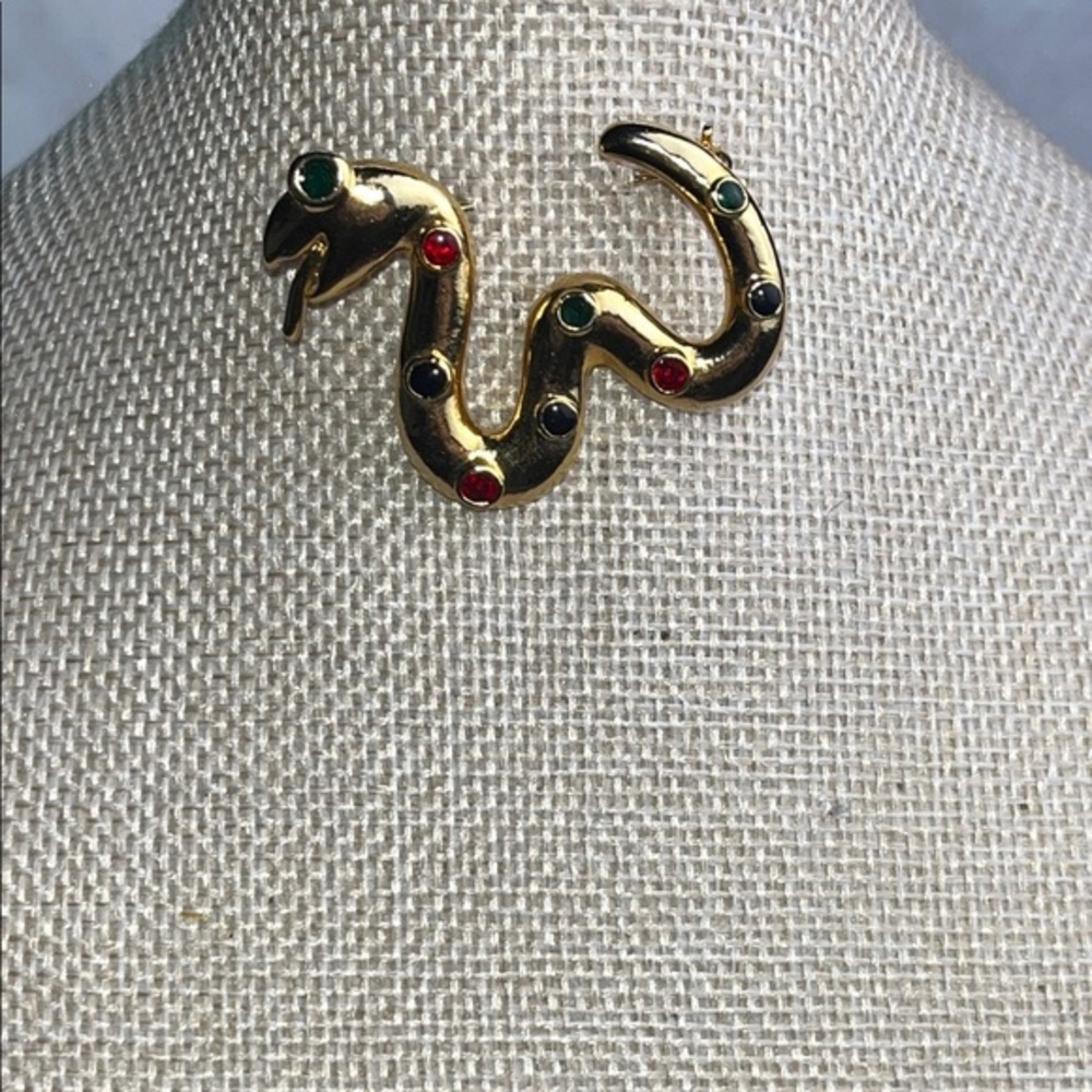 Gold Snake Brooch with Jewel Accents